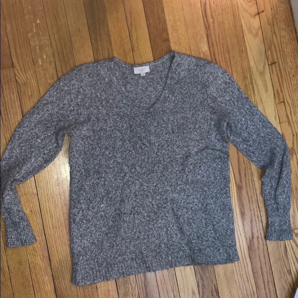 LOFT Outlet Gray and White V-Neck Sweater